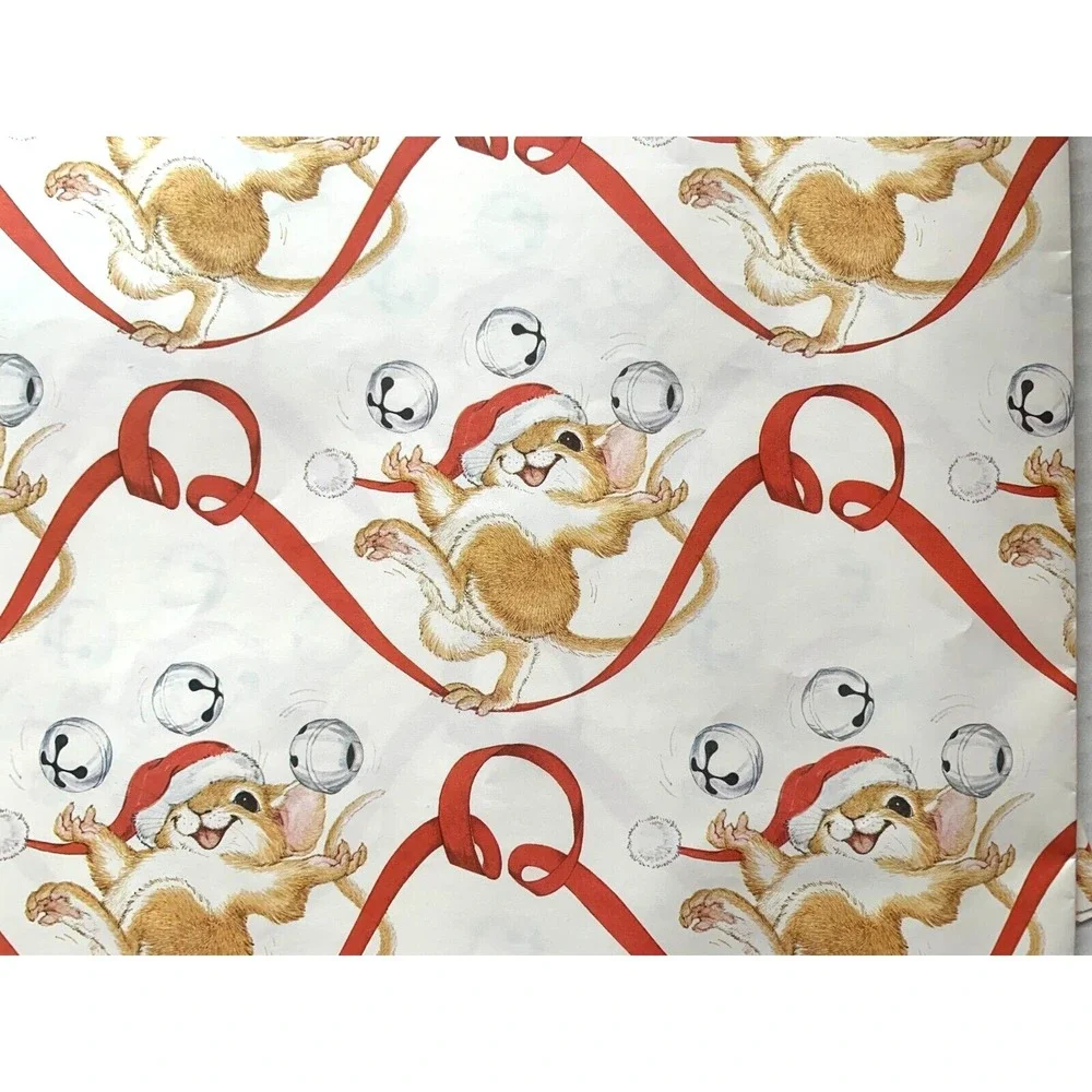 Full Sheet Vtg Current Jingle Bell Mouse Christmas Giftwrap Wrapping Paper Card